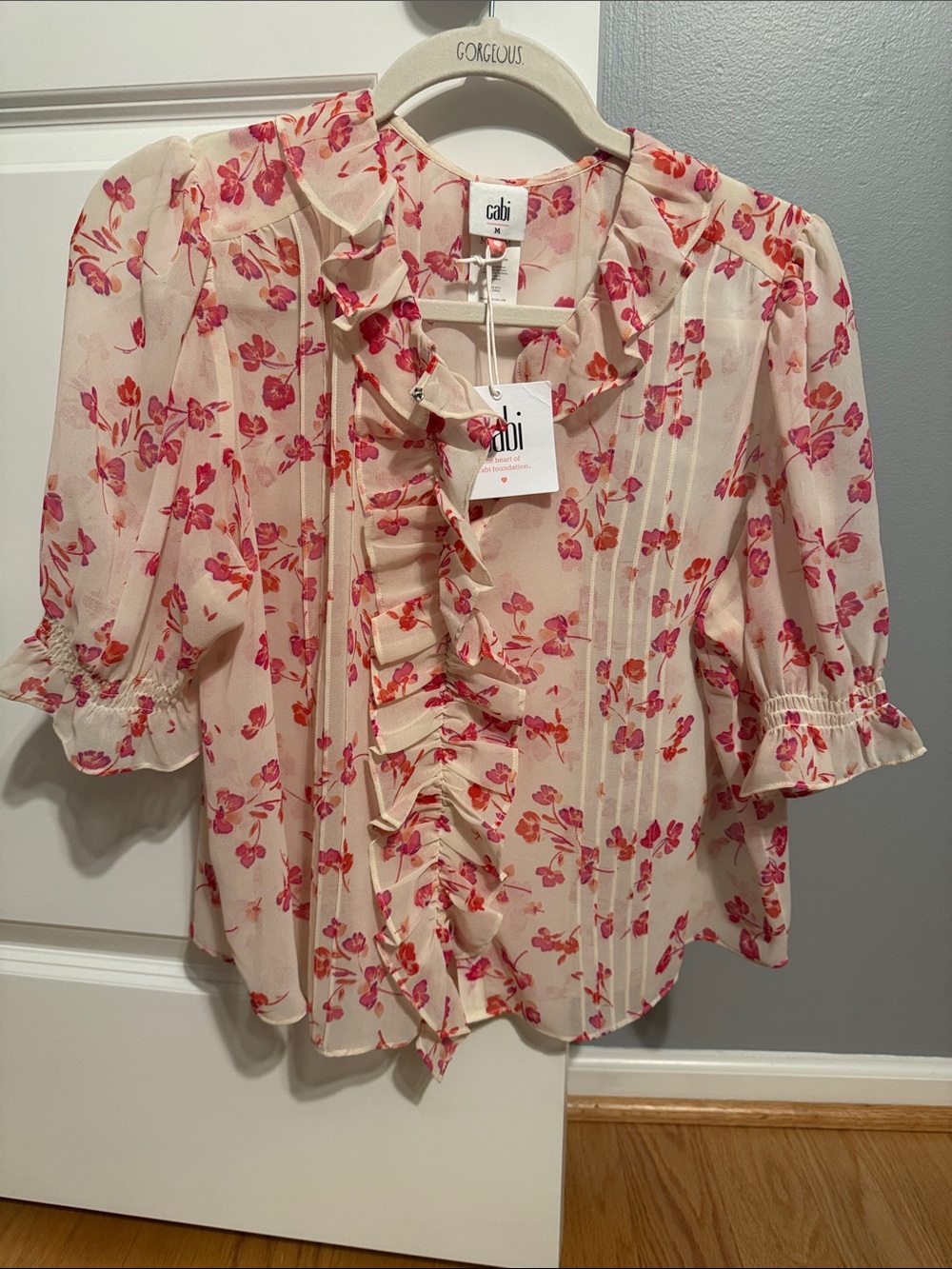 CAbi Cream Blouse with Pink Floral Ruffle Front